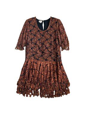 Vintage Judith Ann Creations Women's Sz M Floral Fringe Copper Lace Dress